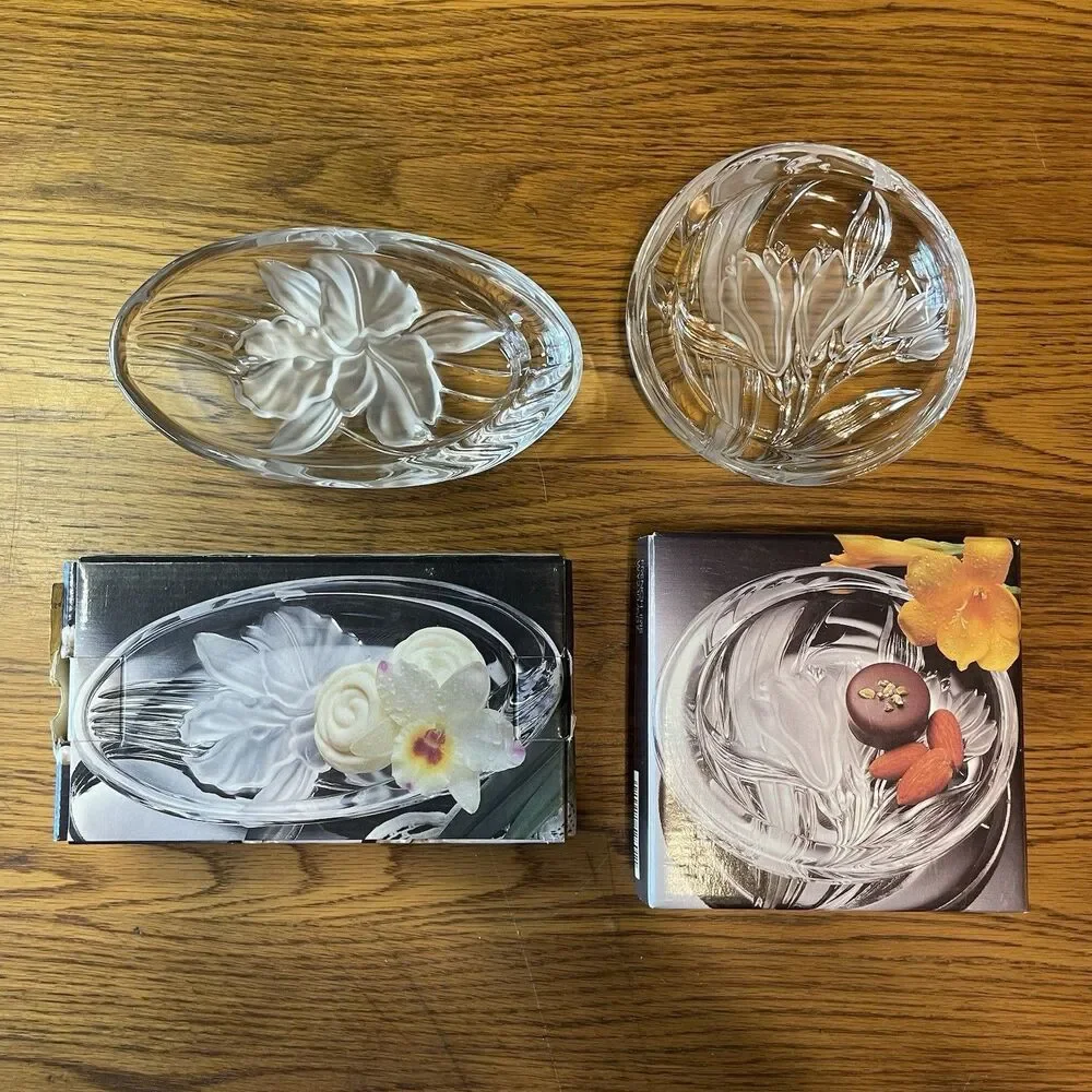 Vintage Studio Nova Crystal Iris Candy Dish Lot Of 2 - Oval & Round - New in Box